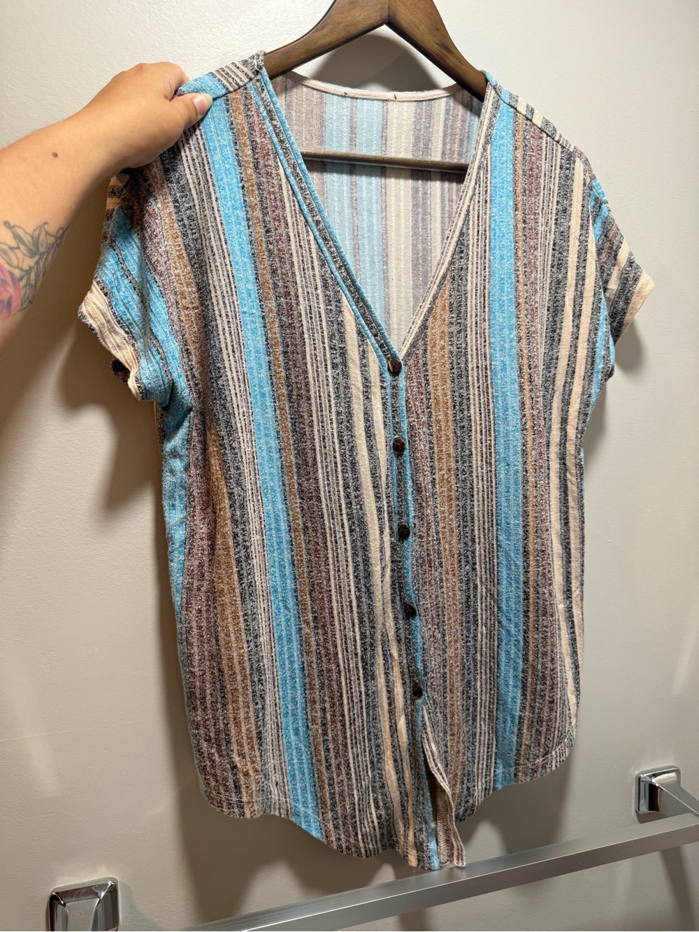 W5 Striped Button-Front V-Neck Top in Blue, Brown & Cream